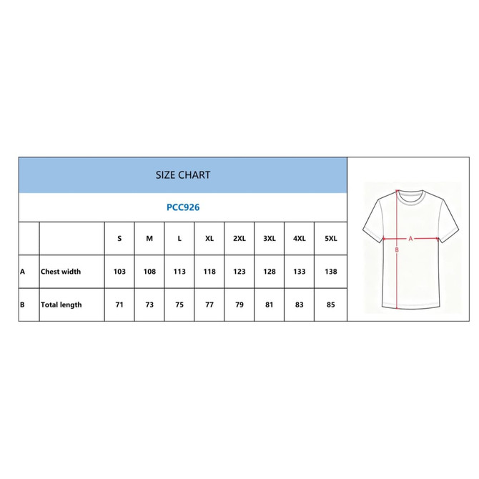 A size chart featuring measurements for a T-shirt in various sizes from S to 5XL, with specific chest width and total length.