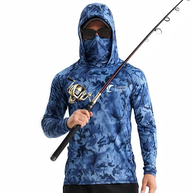A blue camouflage hoodie with a hood and face covering, featuring a pocket and a logo, designed for sun protection while fishing.