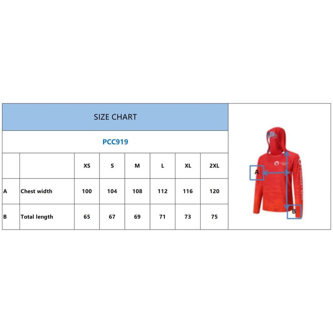 A red polyester spandex hoodie with a pocket, featuring a size chart for different sizes displayed beside it.