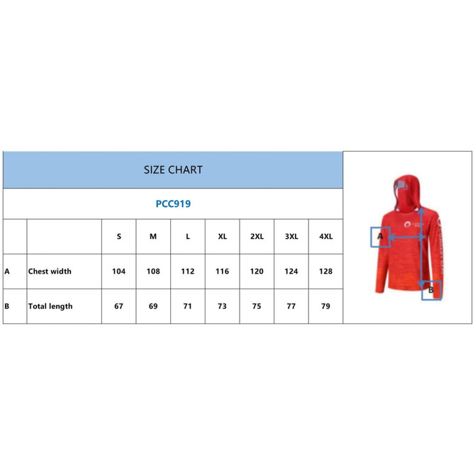 A red polyester spandex fishing hoodie with a pocket and a size chart detailing measurements.