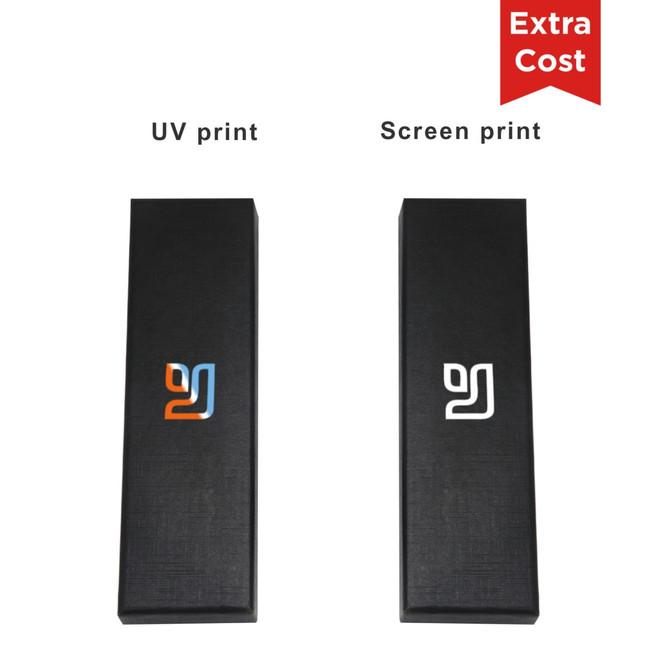 Two black boxes displayed side by side, featuring different printing options and a logo on each.