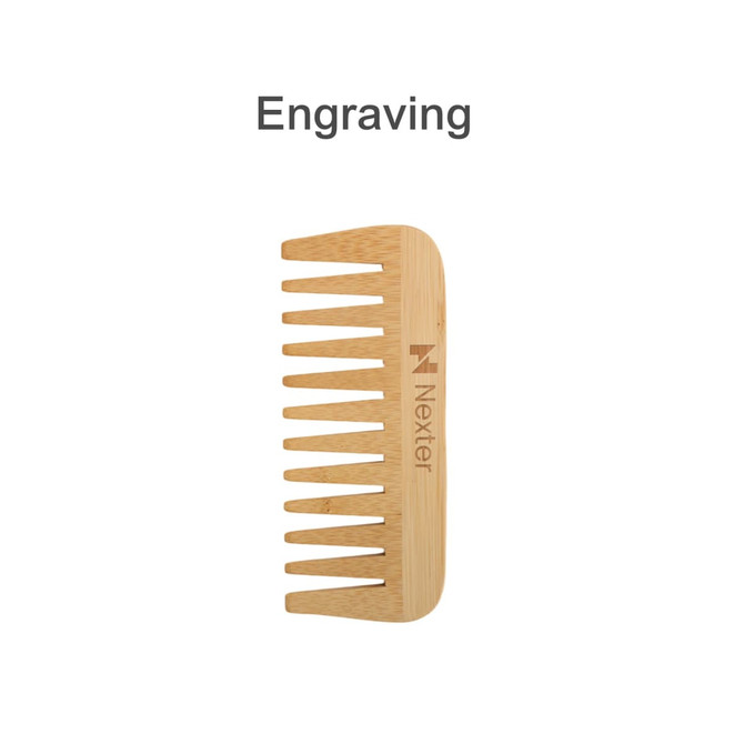 A bamboo comb featuring a natural finish, showcasing a logo on one side.