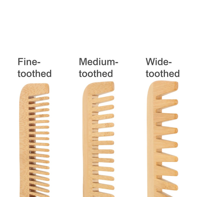 A set of three eco-friendly bamboo combs: fine-toothed, medium-toothed, and wide-toothed. Each comb displays a natural bamboo colour.