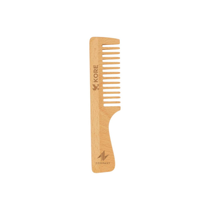 A wide-tooth beech wood comb in a light wood colour features a smooth finish and a logo.