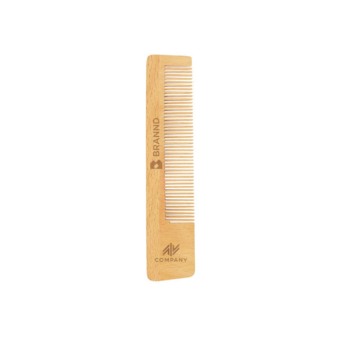 A short-handled beech wood comb featuring a light brown finish and engraved branding on the side.