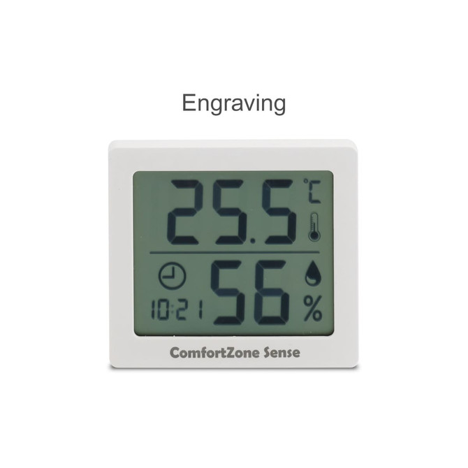 A digital temperature and humidity thermometer with a white frame displaying temperature and humidity readings.