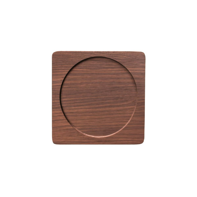 A square wooden coaster with a circular center, showcasing a rich dark brown colour and smooth finish.