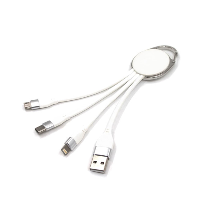 A white 3-in-1 charging cable with a keyring, featuring connectors for Micro USB, USB-C, and Lightning.