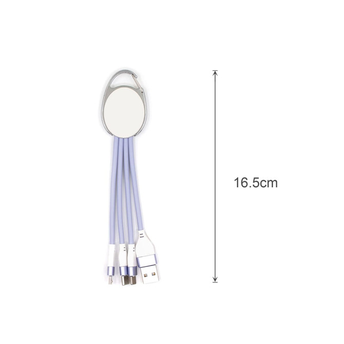 A 3-in-1 charging cable in lavender with a keyring attachment, featuring multiple connector options.