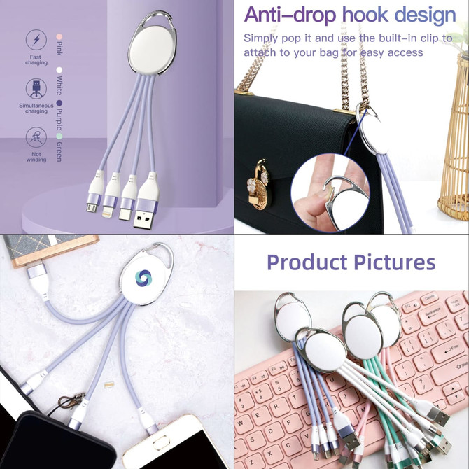 A 3-in-1 charging cable with a keyring, featuring multiple connectors in purple and white, with a logo on the surface.