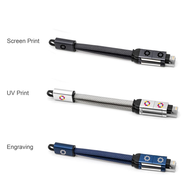 A braided charging cable featuring a keyring, available in multiple designs with different printing options.