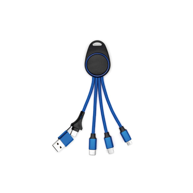 A 6-in-1 light-up charging cable in blue, featuring multiple connectors and a logo on the body.