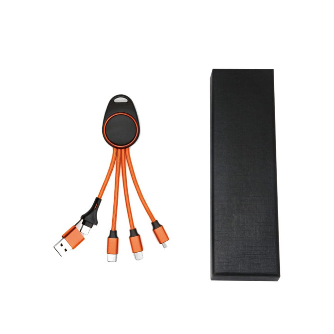 A 6-in-1 light-up charging cable in black and orange, packaged in a rectangular black box.