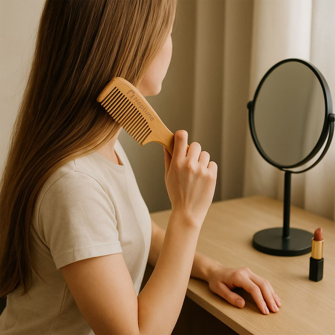 A natural bamboo comb with a handle, featuring fine and wide teeth, alongside a mirror and lipstick on a table.