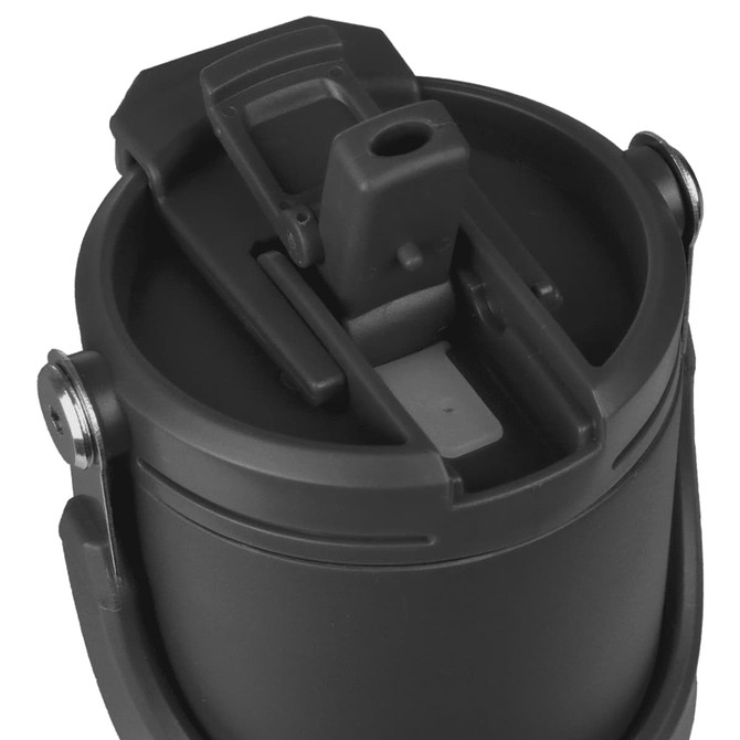 A drink bottle in matte black with a spout and secure lid features, along with metallic attachment points.