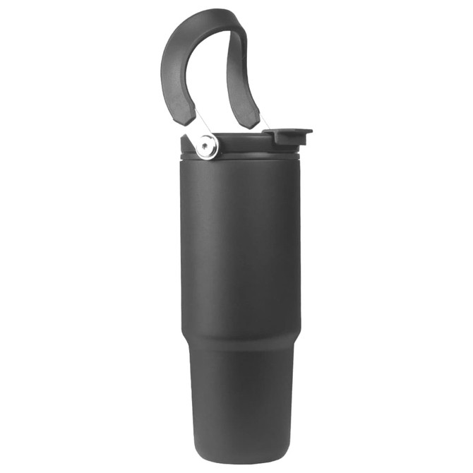 A drink bottle in matte black with a lid and a sturdy handle. It features a logo on its side.