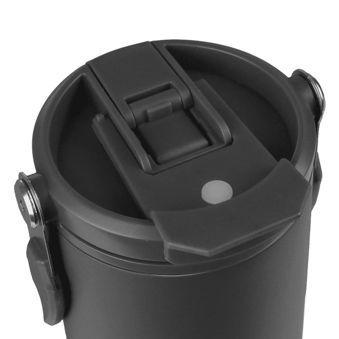 A drink bottle in matte black, featuring a secure flip-top lid and button for easy opening, with a logo present.