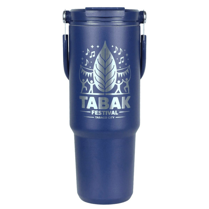 A drink bottle with a navy exterior, featuring a logo and decorative design.