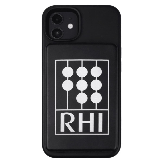 A black power bank with a magnetic back and a logo on the surface, featuring a sleek design.