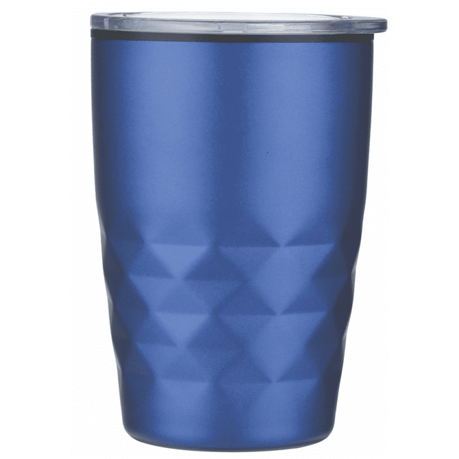 A coffee mug in a matte blue finish with a geometric design and a transparent lid.