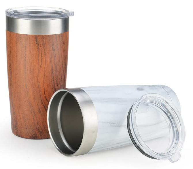 A drink bottle featuring a wooden finish and a white marbled design, both with stainless steel accents and lids.