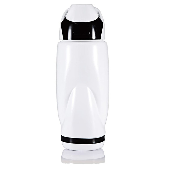 A drink bottle in white with black accents, featuring a sleek design and a logo.