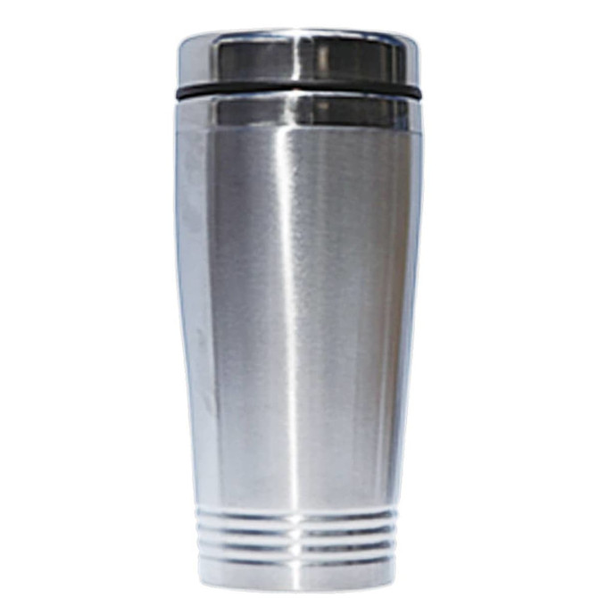 A stainless steel coffee mug with a sleek design and a lid, featuring a silver finish and a logo.