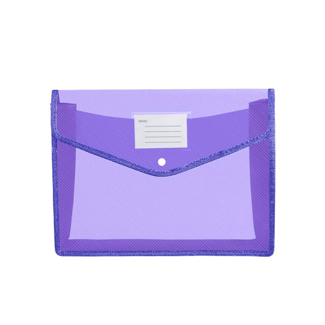 A purple envelope expanding document folder with a folder flap and an index label area, featuring a logo.