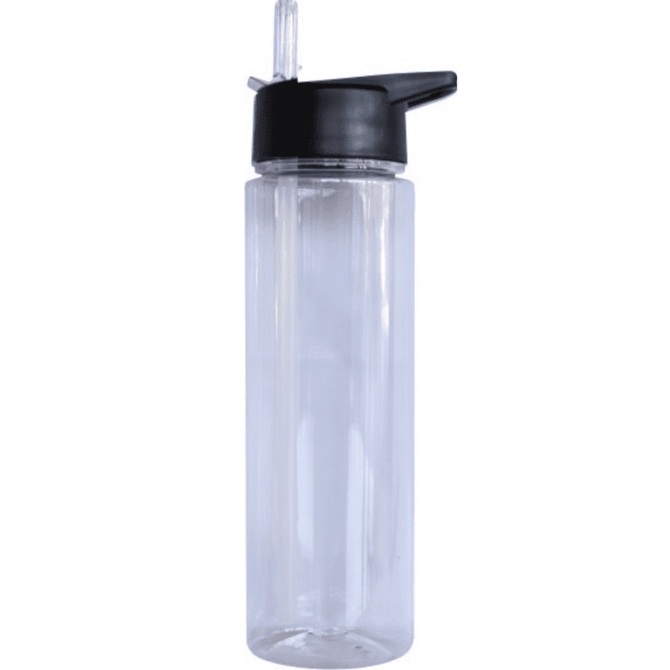 A drink bottle made of clear plastic with a black lid and straw. It features a simple design and minimal branding.