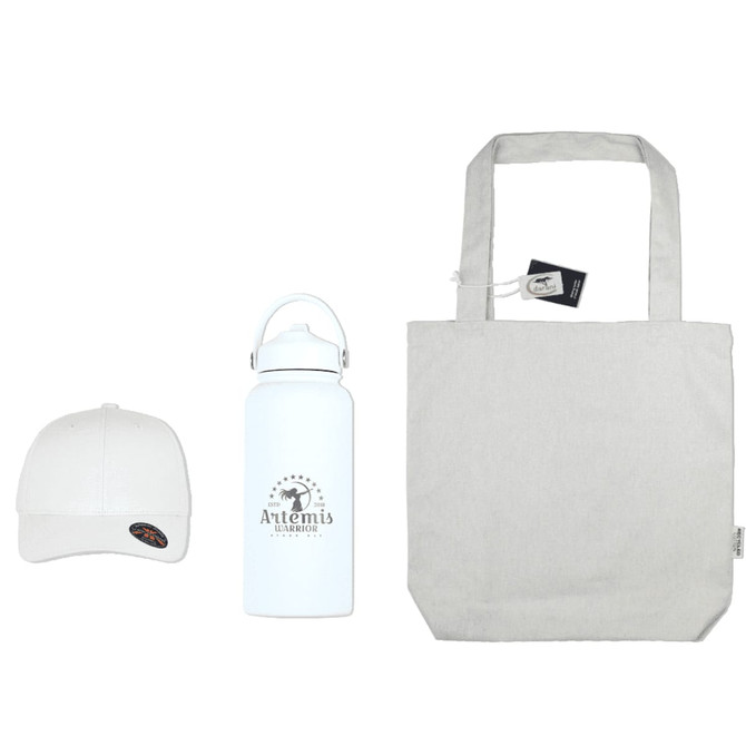 A white drink bottle, light grey tote bag, and white cap, all featuring branding.