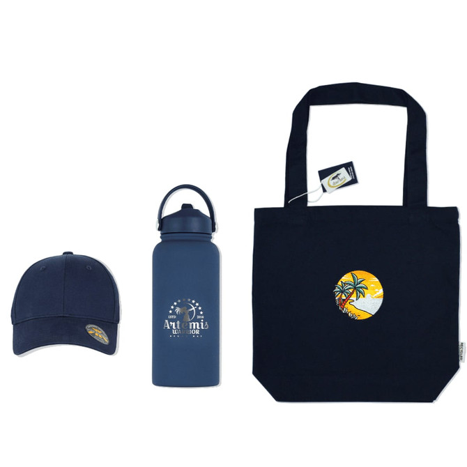A navy blue tote bag, water bottle, and cap featuring a logo and a tropical design.