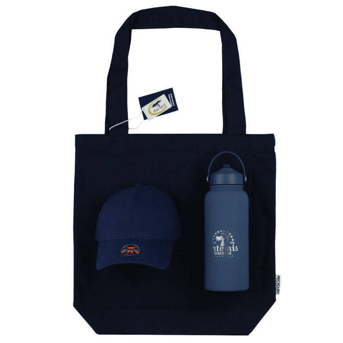 A navy tote bag, navy cap with a logo, and a navy drink bottle.