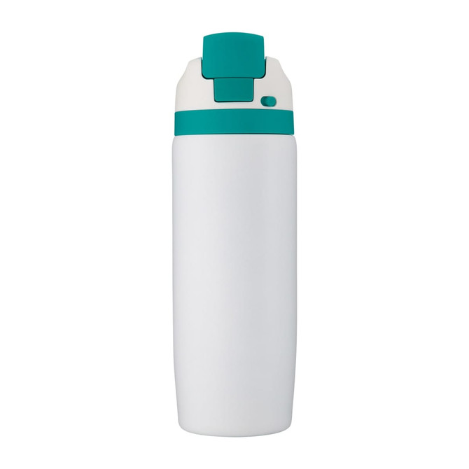 A drink bottle in white with a teal lid and button, featuring a logo on the body.
