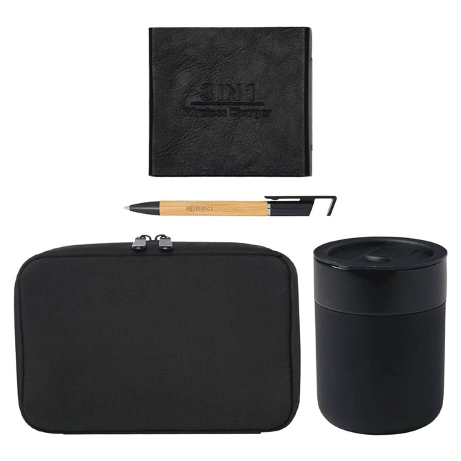 A black tech kit featuring a wireless charger, pen, and a sleek container. Includes a zipped pouch for storage.