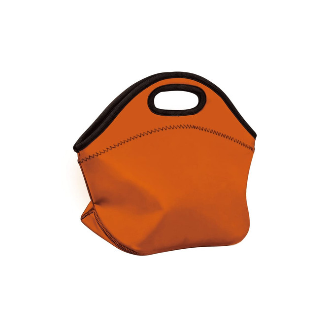 An orange neoprene lunch bag with a black trim and a handle. It has a smooth, flexible exterior.