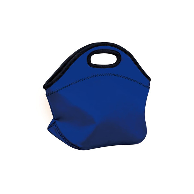 A blue neoprene lunch bag with a handle and stitched detailing, featuring a logo on the side.