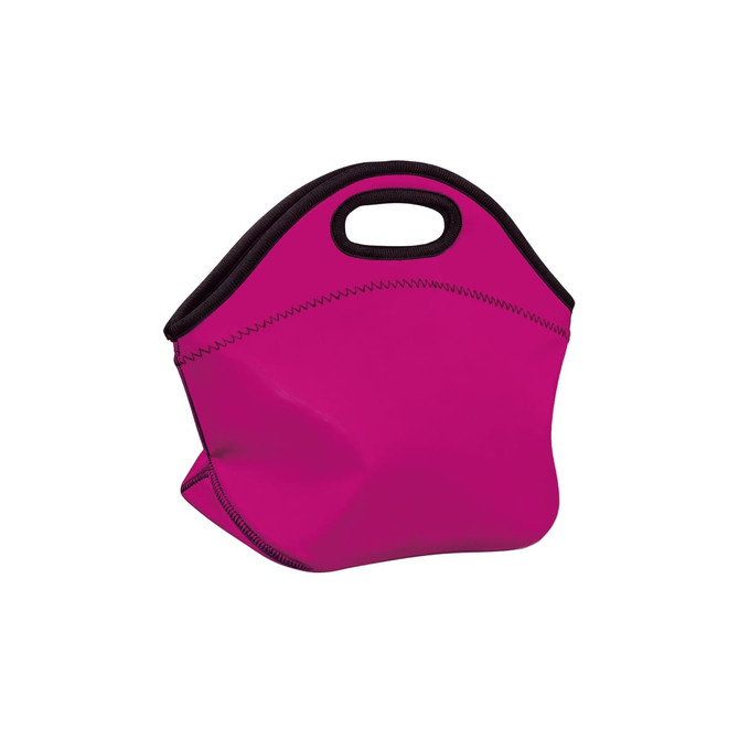 A vibrant pink neoprene lunch bag with a black trim and handles. Features a sleek, soft design.