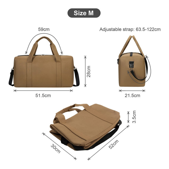 A durable tan duffle bag with adjustable straps and three different angles displayed. Features dimensions and a logo.