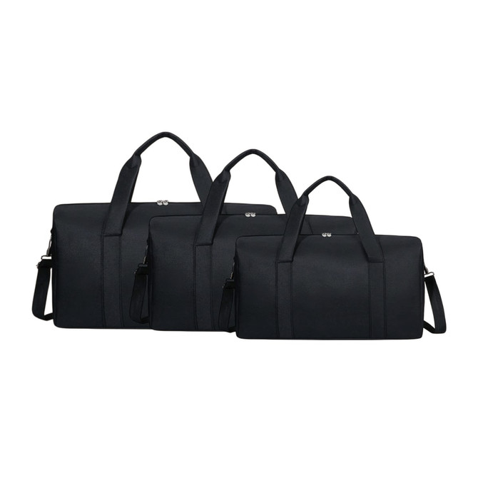 A set of three black durable duffle bags in varying sizes, featuring handles and removable shoulder straps.