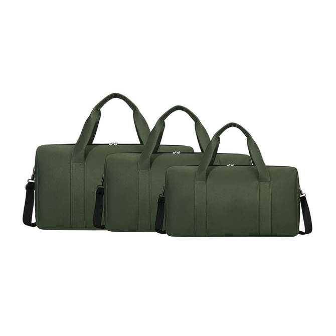 A set of three durable duffle bags in a dark green shade, featuring sturdy handles and a detachable shoulder strap.