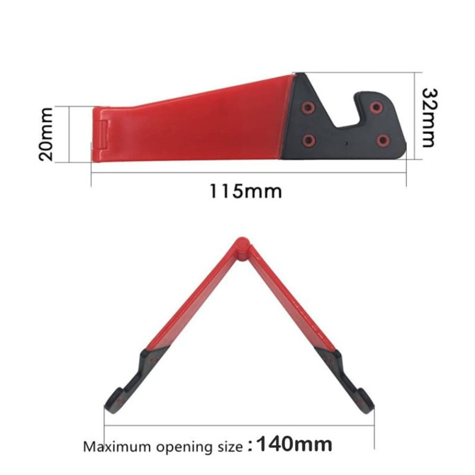 A V-shaped iPhone and iPad stand in red and black, featuring adjustable openings for various device sizes.