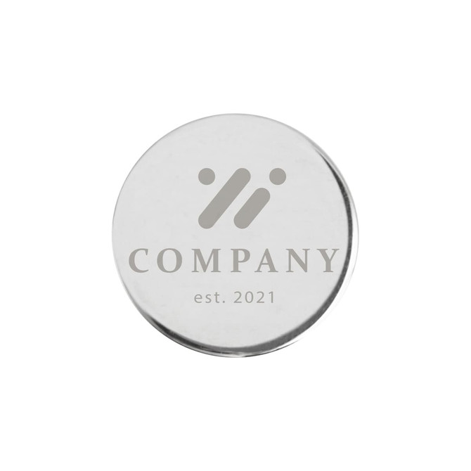 A silver 25mm golf ball marker featuring a simple design and a logo.