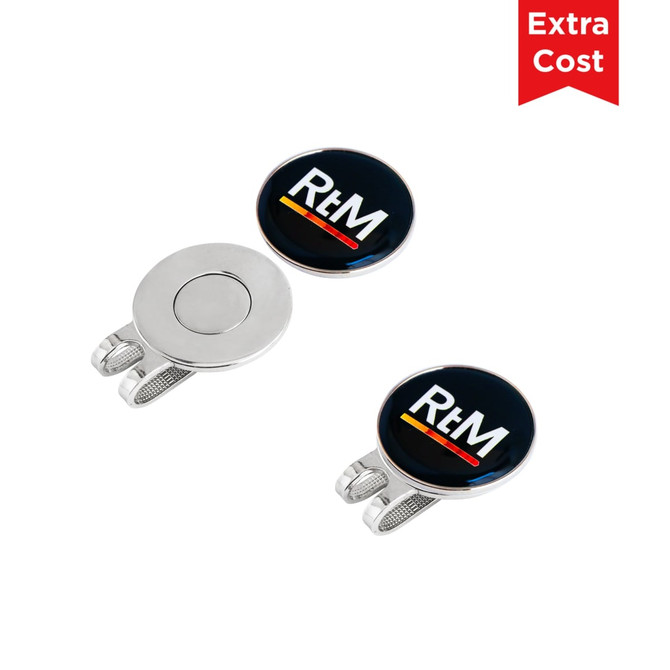 A 25mm golf ball marker featuring a circular black design and a branding logo, with a metal clip for attachment.