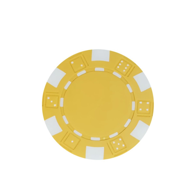 A yellow poker chip with white accents and embossed designs around the edge.