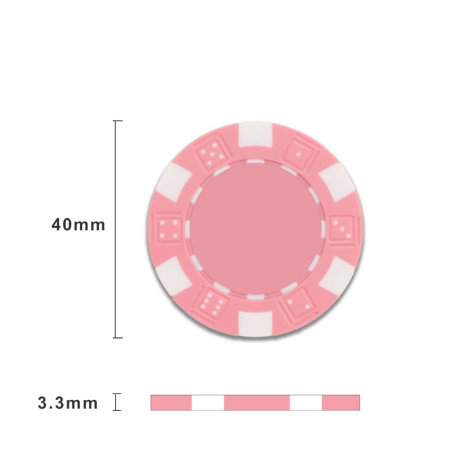 A pink ABS poker chip featuring white accents, measuring 40mm in diameter and 3.3mm thick.
