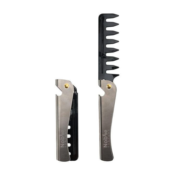 A folding comb with a black comb section and a silver metal handle, featuring a logo on the handle.