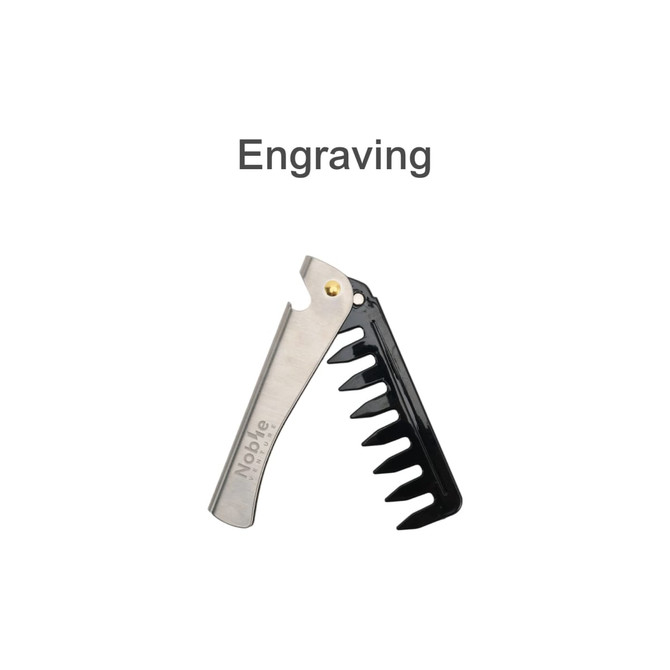 A folding comb with a stainless steel handle and a black comb section, featuring a logo on the handle.