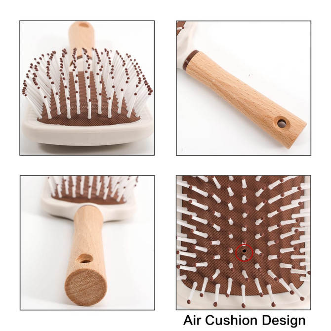 A paddle brush featuring a brown textured base, white bristles, and a wooden handle with an air cushion design.
