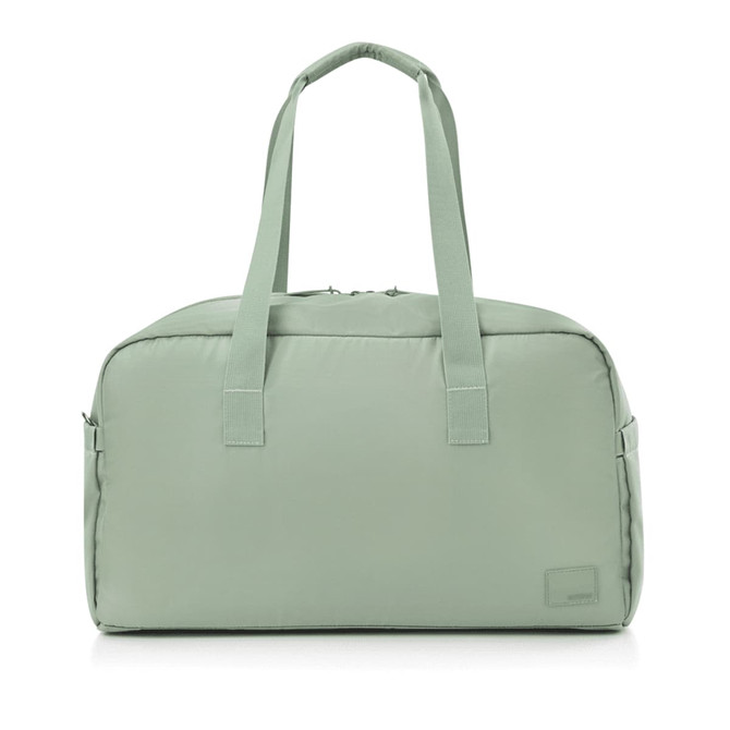A green duffle bag with two handles and a zipped main compartment. It features a small logo.