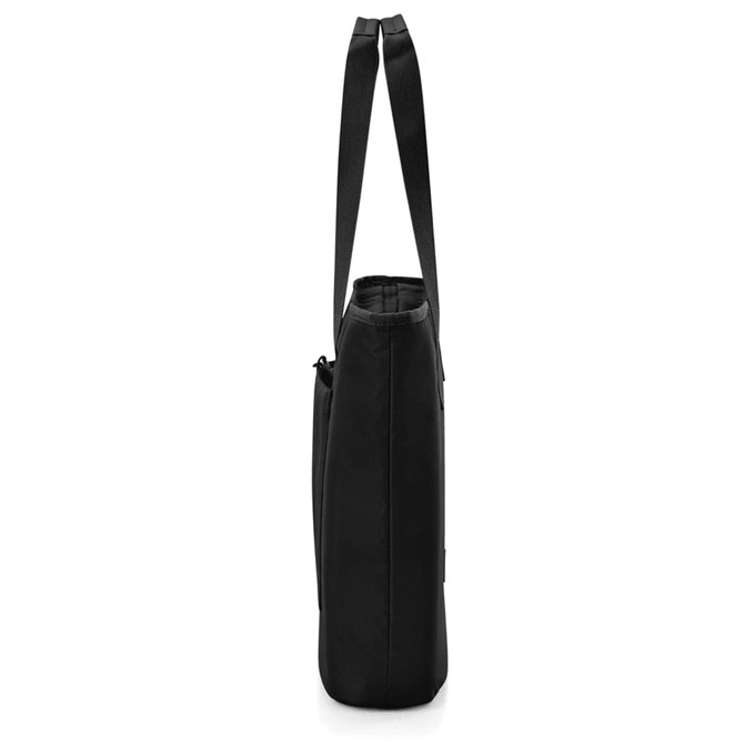 A black tote bag featuring a sleek design with two shoulder straps and a zippered opening. It has a logo on the side.